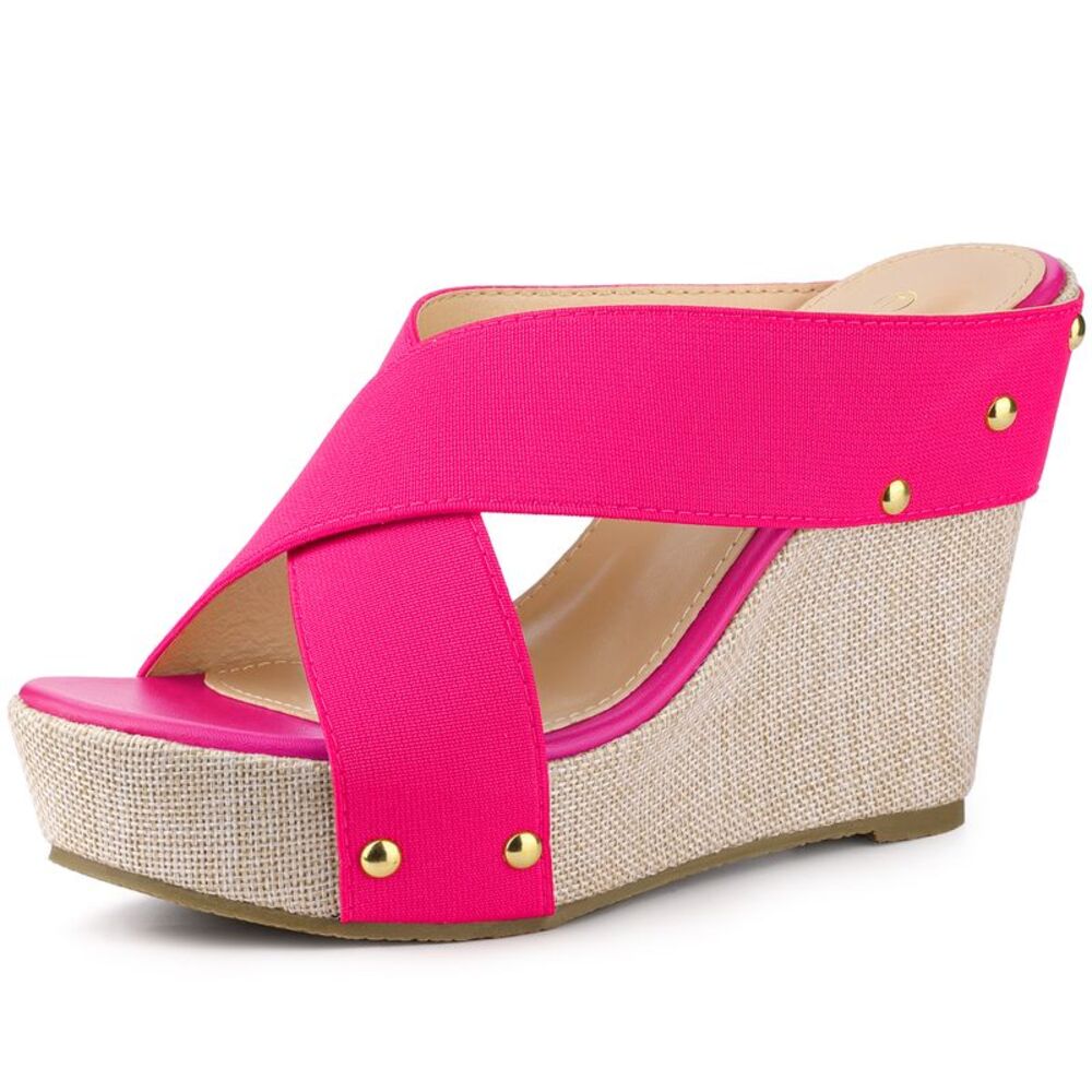 Open Toe Platform Linen Slide Wedge Sandals Hot Pink